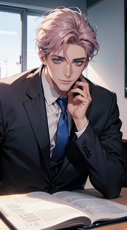 (Highest quality,4K,8K,High resolution,masterpiece:1.2),Super detailed,(Realistic,photoRealistic,photo-Realistic:1.37),1 person,31 years old,Mature Men,Beautiful skin、very handsome,Expressionless,smile,Short gray pink hair,blue eyes,Sharp Eyes,A perfect face without a doubt,Businessman,Office Background,Cinema Lighting,HDR image,tie、