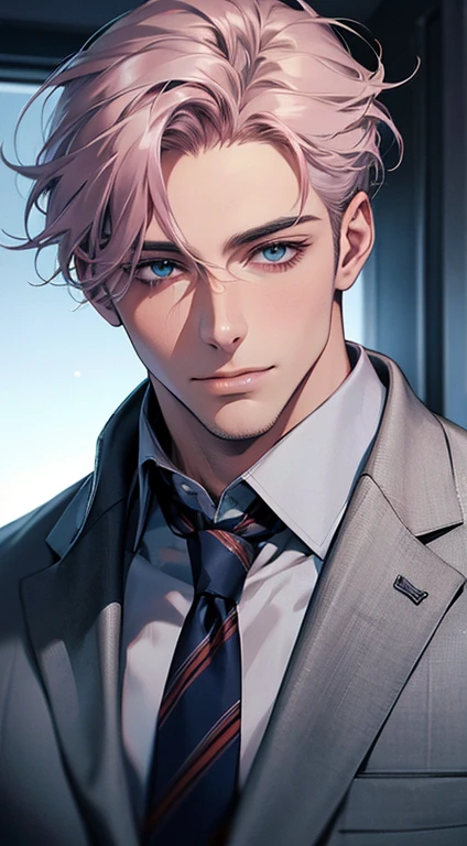(Highest quality,4K,8K,High resolution,masterpiece:1.2),Super detailed,(Realistic,photoRealistic,photo-Realistic:1.37),1 person,31 years old,Mature Men,Beautiful skin、very handsome,Expressionless,smile,Short gray pink hair,blue eyes,Sharp Eyes,A perfect face without a doubt,Businessman,Office Background,Cinema Lighting,HDR image,tie、