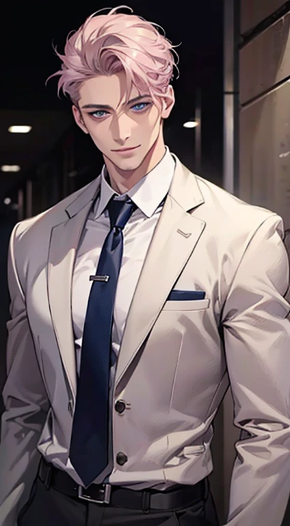 (Highest quality,4K,8K,High resolution,masterpiece:1.2),Super detailed,(Realistic,photoRealistic,photo-Realistic:1.37),1 person,31 years old,Mature Men,Beautiful skin、very handsome,Expressionless,smile,Short gray pink hair,blue eyes,Sharp Eyes,A perfect face without a doubt,Businessman,Office Background,Cinema Lighting,HDR image,tie、