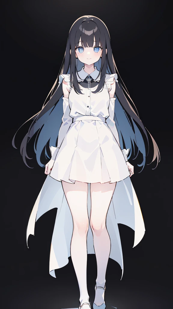 masterpiece, 8K, Detailed face, best quality, Must be created as described,  (1 girl, alone, 20 years old, 158cm), (Black hair, long hair, Straight Hair, Bangs), (innocent, Big blue eyes like diamonds), (fair skin, thin waist, long legs), (Wearing a simple pure white dress, Skirt length only reaches thigh), (black briefs, Low waist style), (Wear white socks), (Show your thighs, Show your arms), (Has black leather collar), (The expression looks shy, but with a smile), (light black background, Full body portrait, Stand Up Straight, body symmetry)