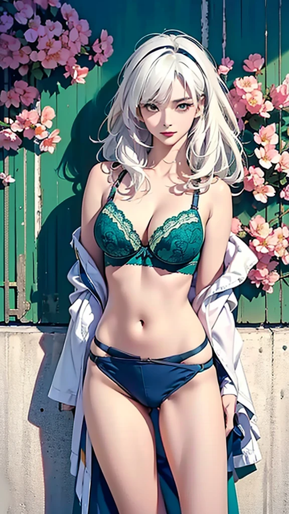 Sexy pose sculpture, (masterpiece:1.3), (8K, realistic, raw photo, best quality:1.4), (1 woman), beautiful face, realistic face, (detailed face), beautiful hairstyle, (detailed hair), realistic eyes, (detailed eyes), beautiful details, realistic skin, (detailed skin), beautiful skin, attractive, ultra high definition, surrealism, very detailed, (huge sagging breasts), Japanese beauty, (slim body), mild,(((white hair))), (supermodel figure), Cute Japanese Girl, pretty young japanese girl, (Top quality photo of beautiful woman wearing sexy lingerie in front of wall covered with flowers:1.2), big bust :1.2, improved cleavage, shy, wide shot, (whole body), (Bra Blue green: 1.5),long hair,red lipstick,(((There is a lot of gap between the crotch))),((bust.reply))),