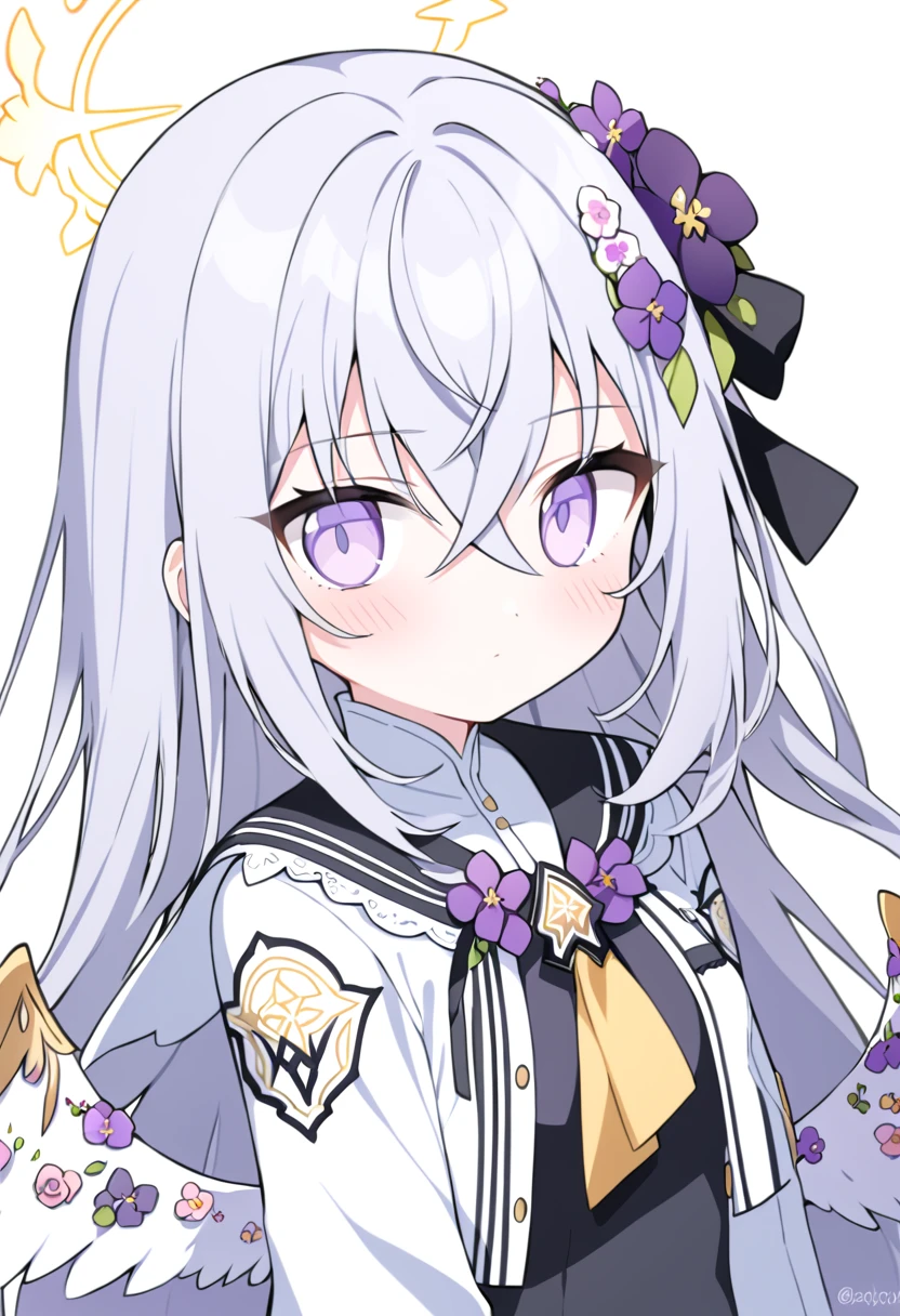 azusa \(blue archive\), 1girl angel_wings black_dress blush breasts closed_mouth dress feathered_wings flower grey_hair hair_between_eyes hair_flower hair_ornament halo jacket long_hair open_clothes open_jacket purple_eyes purple_flower simple_background sleeveless sleeveless_dress small_breasts solo twitter_username white_background white_jacket white_wings wings yellow_halo