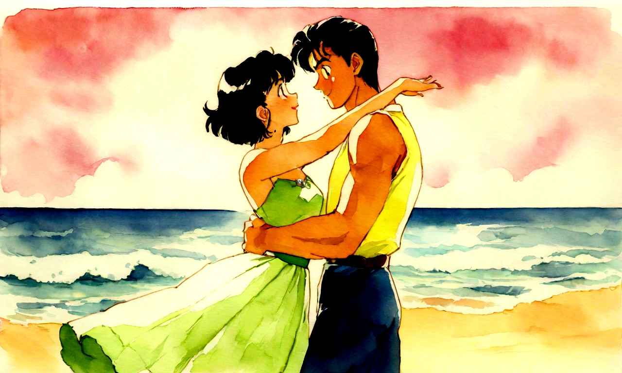 [Vintage Men&#39;s and Women&#39;s], Ancient Anime, 1980s \(style\), 1990s \(style\), watercolor \(middle\), , ((Highest quality)), ((masterpiece)), [Detailed], [Anime and manga images], [Women have small breasts], Couple dancing on the beach