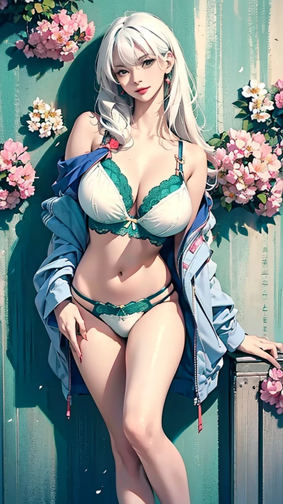 Sexy pose sculpture, (masterpiece:1.3), (8K, realistic, raw photo, best quality:1.4), (1 woman), beautiful face, realistic face, (detailed face), beautiful hairstyle, (detailed hair), realistic eyes, (detailed eyes), beautiful details, realistic skin, (detailed skin), beautiful skin, attractive, ultra high definition, surrealism, very detailed, (huge sagging breasts), Japanese beauty, (slim body), mild,(((white hair))), (supermodel figure), Cute Japanese Girl, pretty young japanese girl, (Top quality photo of beautiful woman wearing sexy lingerie in front of wall covered with flowers:1.2), big bust :1.2, improved cleavage, shy, wide shot, (whole body), (Bra Blue green: 1.5),long hair,red lipstick,(((There is a lot of gap between the crotch))),((bust.reply))),