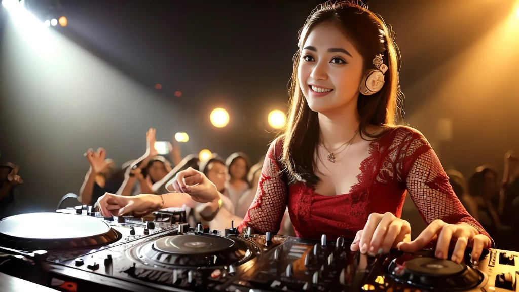 (ultra - detailed, 16K resolution, Cinema lenses, rendering by octane), (high resolution:1.18), intricate detail, (masterpiece:1.1), (highest quality:1.1), (1girl, portrait, white hair, blue eyes, long hair, detailed eyes),Wearing red DJ headphones,  a beautiful woman with a slender figure, (dark brown layered hairstyle), wearing a pendant, ((kebaya_bali)), modern plain hot deep neck top and dupatta, shy, medium portrait, watery eyes, wearing red kebaya, well-proportioned body,, chubby massive thighs, Hena art on the body, hena art on arms , Smile while DJing on stage, The spotlight shines on the female DJ. Photorealistic photography by Disco Lighting, (cute round face:1.3),perfect fingers, five fingers, beautiful hands, perfect hands. master peace, cute smile.
