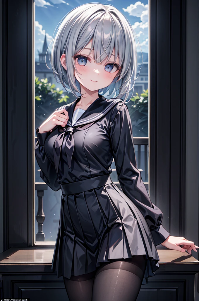 (((masterpiece:1.2, best quality, ultra detailed))),dynamic angle, cowboy shot, 1 girl, black sailor suit, large sailor collar, long sleeves, black long skirt, BREAK detailed pantyhose, standing, (delicate ash gray hair:1.1), blue inner color hair, flipped short hair, detailed pretty face, light smile, detailed eyes, dramatic lighting, summer sky, sun light