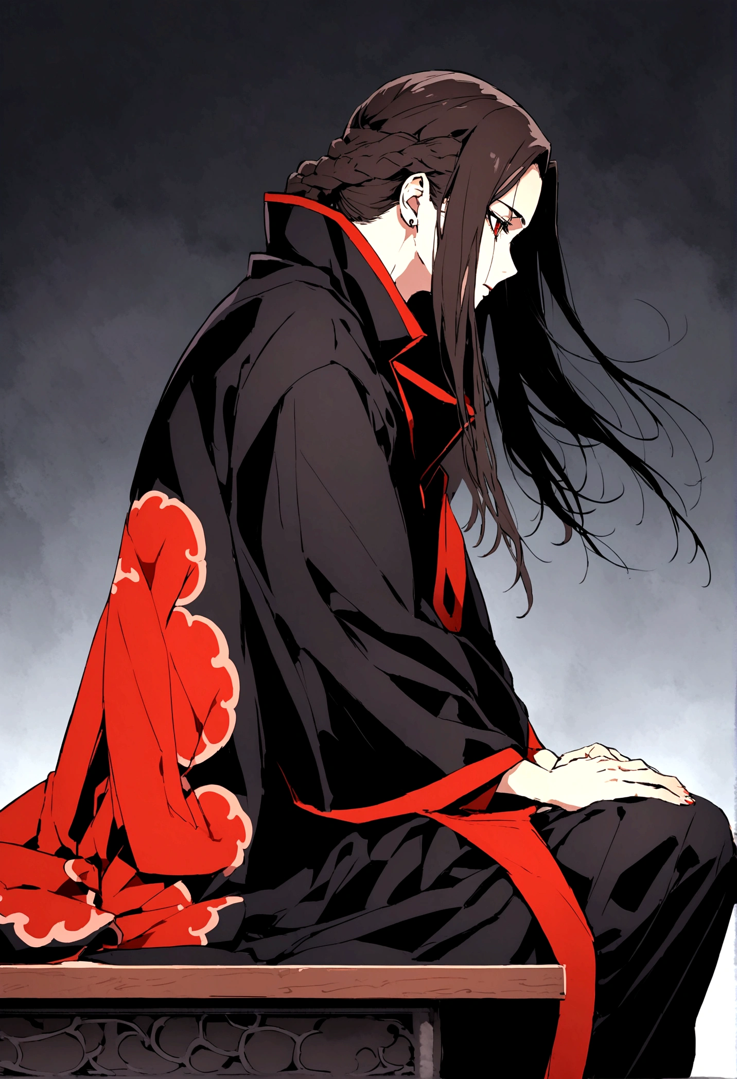 itachi uchia, in akatsuki clothes, sitting on desk and table, side profile