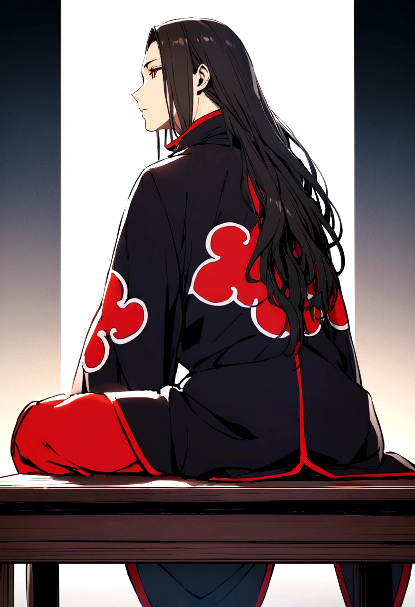 itachi uchia, in akatsuki clothes, sitting on desk and table, side profile 