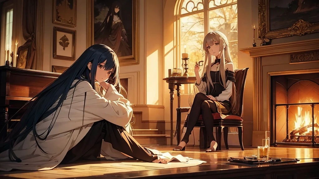 Mellow, an anime-style female character with long, straight hair and a serene expression, sitting by a fireplace. The scene is cozy and softly lit with a harp nearby. The ambiance is whispering vocal, easy listening, and lo-fi hip-hop.