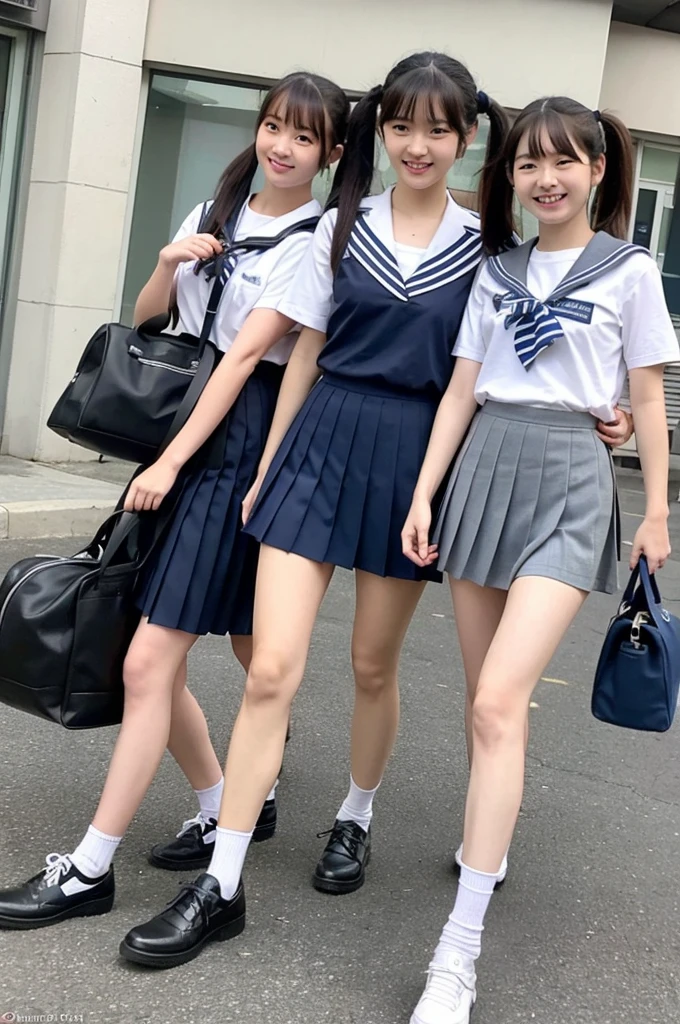 {2 | 3 | 4} girls walking in school street,sailor shirt,navy blue pleated skirt,school bag,18-year-old,bangs,a little smile,thighs,knees,short hair with low pigtails bunches,from below,front light