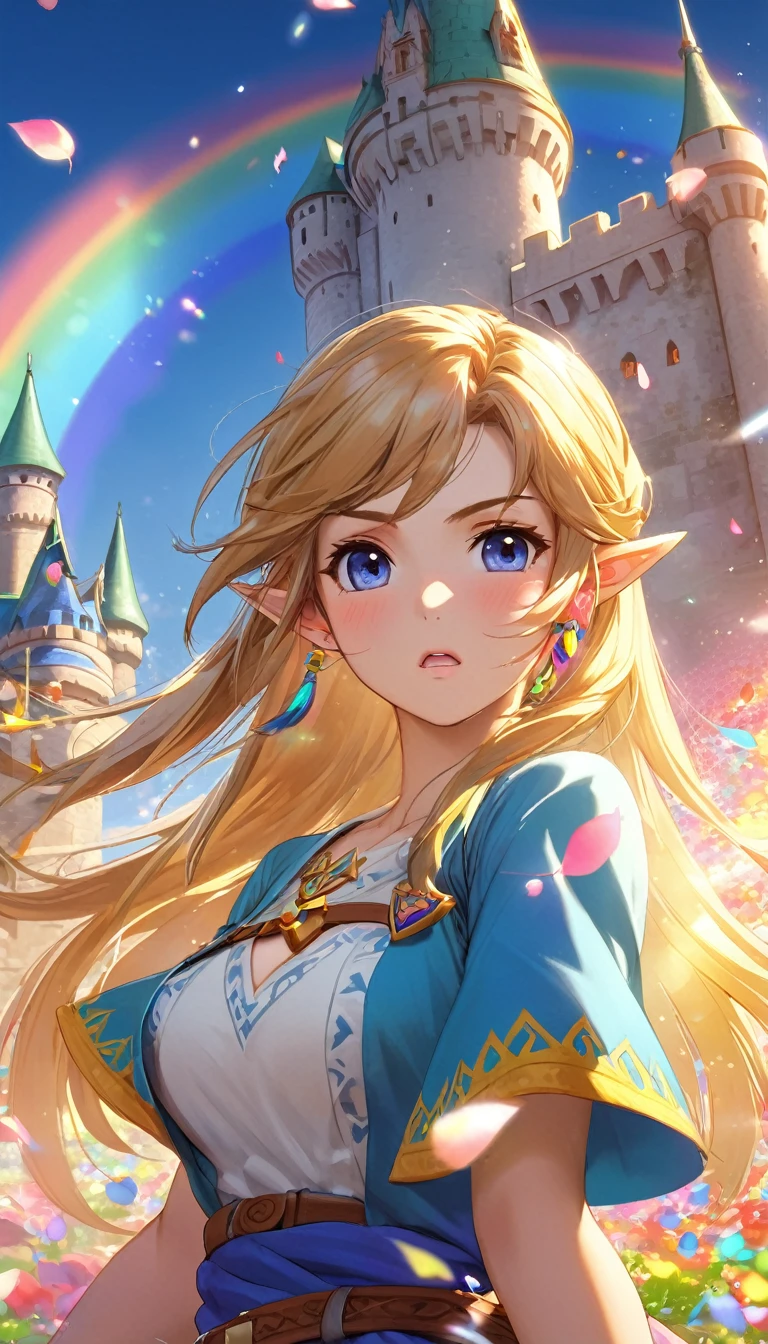 Highest quality, Super quality, 16K, Incredibly absurd, Very detailed, delicate and dynamic, Natural light, Fine particles reflect rainbow colors, Diffuse reflection of light, Vortex of Light, Many rainbow-colored petals fall, Beautiful Western Castle, Shining Sun, 湖面にDiffuse reflection of light, Create amazing image effects, Upper body close-up, (, cute sexy girl, huge bouncing busts, Sensual expression, passionate, Serious, Vibrant,  the legend of zelda)