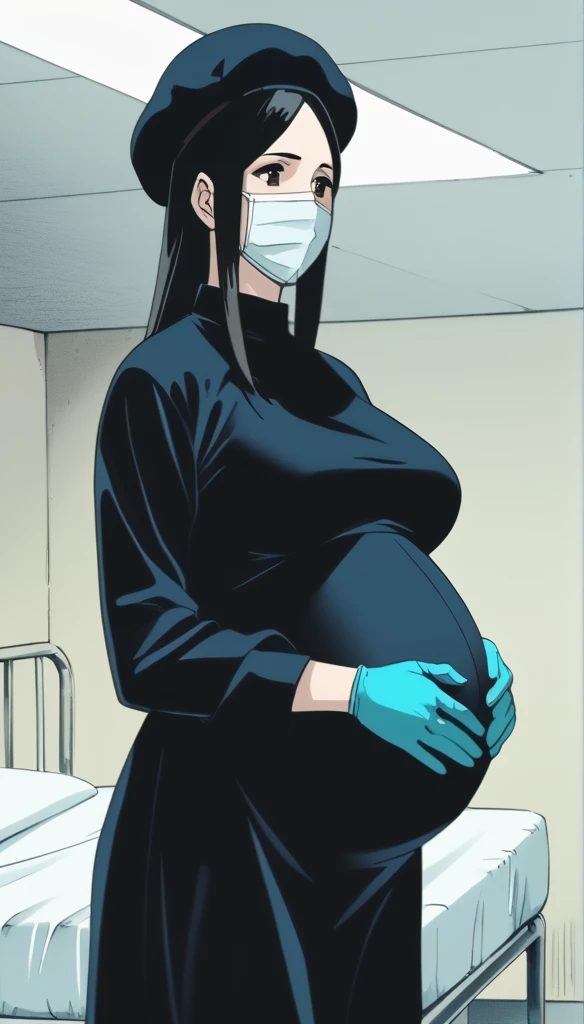 score_9,  score_8_up, score_7_up, source_anime, raw image, masterpiece, highest quality, natural light, patient room background, kasuganoray, good shape, pale skin, shy eyes, big breasts, scrubs, surgical mask, bouffant cap, long sleeve maternity dress,
1girl, pregnant, solo, rubber gloves, looking down, furrowed brow, hospital bed, standing, even though she's pregnant she has a good figure, 