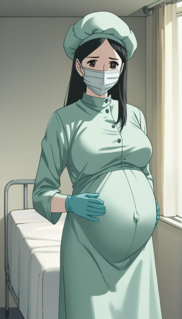 score_9,  score_8_up, score_7_up, source_anime, raw image, masterpiece, highest quality, natural light, patient room background, kasuganoray, good shape, pale skin, shy eyes, big breasts, scrubs, surgical mask, bouffant cap, long sleeve maternity dress,
1girl, pregnant, solo, rubber gloves, looking down, furrowed brow, hospital bed, standing, even though she's pregnant she has a good figure, 