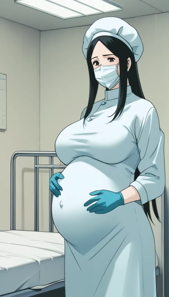 score_9, score_8_up, score_7_up, source_anime, raw image, masterpiece, highest quality, natural light, patient room background, kasuganoray, good shape, pale skin, shy eyes, big breasts, scrubs, surgical mask, bouffant cap, long sleeve maternity dress,
1girl, pregnant, solo, rubber gloves, looking down, furrowed brow, hospital bed, standing, even though she's pregnant she has a good figure,
