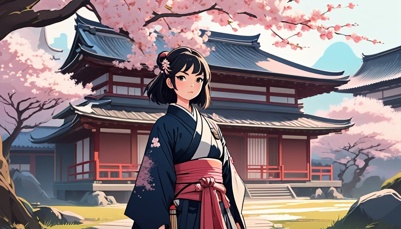 Female samurai,Background is cherry blossoms and a Japanese temple、 Wide-angle lens, Lofi Anime, Lofi illustration, Aesthetic atmosphere, Lo-Fi Style, Vector art, Flat Design, Simple shape, Warm tones, Pleasant atmosphere, Chill, In anime style, Digital drawing, Vector art, Vector logo for t-shirt printing, (Adorable:1.5), (small:1.4), (Playful:1.2), (soft:1.3), (Whimsical:1.1), masterpiece, Highest quality, 8K, Intricate details, grow, Celestial, Mysterious, Picturesque, amazing, Majestic, Magic, Fantasy art, Cover art, dream-like