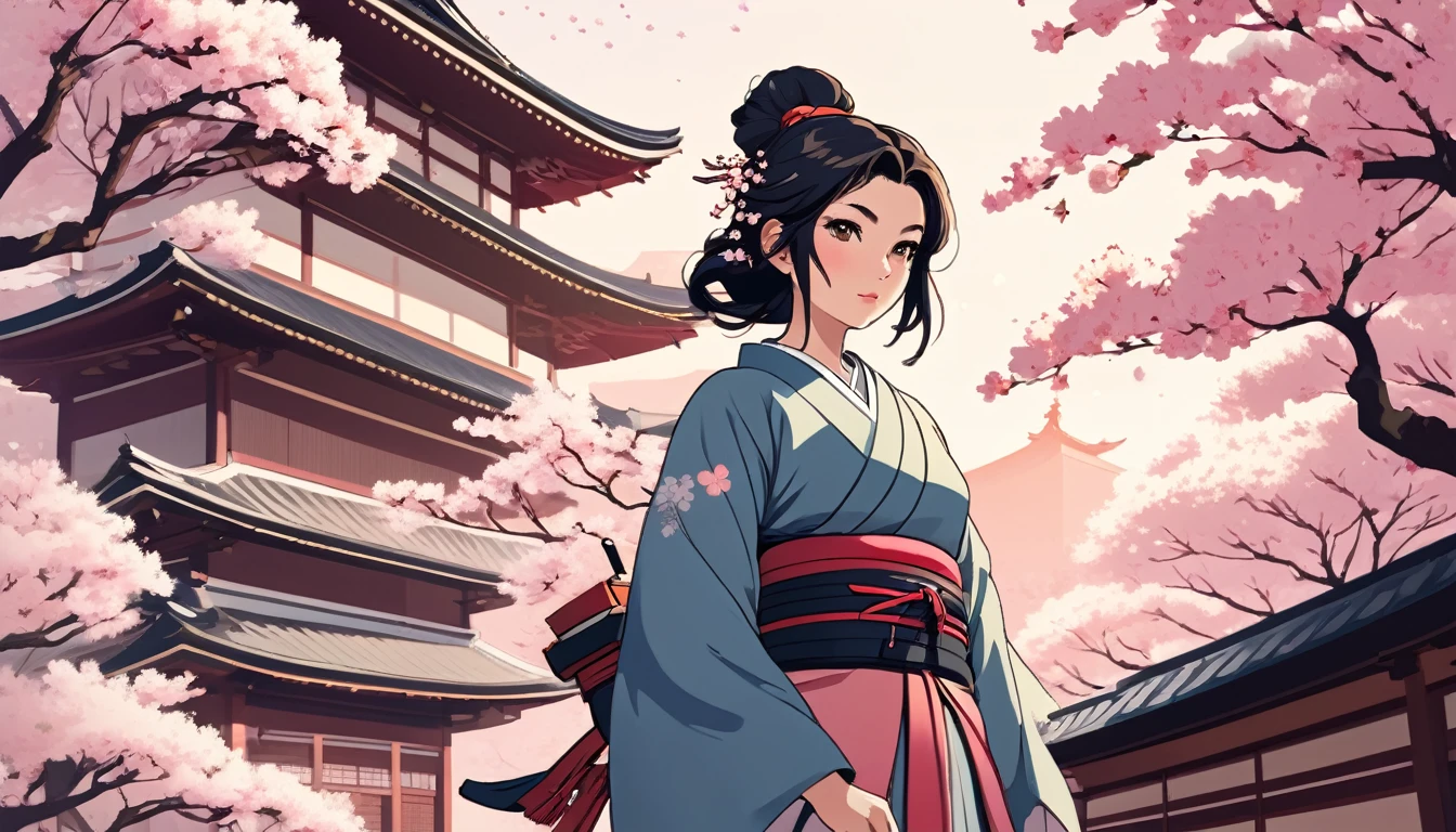 Female samurai,Background is cherry blossoms and a Japanese temple、 Wide-angle lens, Lofi Anime, Lofi illustration, Aesthetic atmosphere, Lo-Fi Style, Vector art, Flat Design, Simple shape, Warm tones, Pleasant atmosphere, Chill, In anime style, Digital drawing, Vector art, Vector logo for t-shirt printing, (Adorable:1.5), (small:1.4), (Playful:1.2), (soft:1.3), (Whimsical:1.1), masterpiece, Highest quality, 8K, Intricate details, grow, Celestial, Mysterious, Picturesque, amazing, Majestic, Magic, Fantasy art, Cover art, dream-like