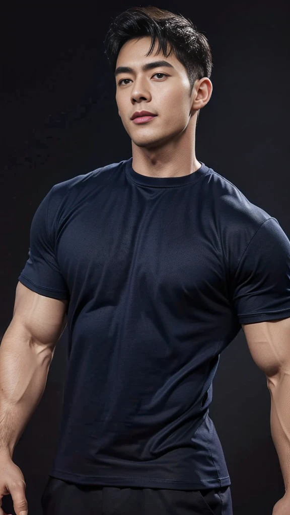 (Create a masterpiece: 1.2),(CGI art:1.3),(realistic:1.5),(After processing:1.3), (Sharp focus:1.3), 1 man, open mouth, smile, (Navy blue round neck t-shirt:1.3), Navy cargo pants, Korean guy , korean men, (High gloss details), chest muscles, large arm muscles, blood vessel, Big muscles, Broad shoulders, looking at the audience, Balancing the eyes, bedroom, y pose