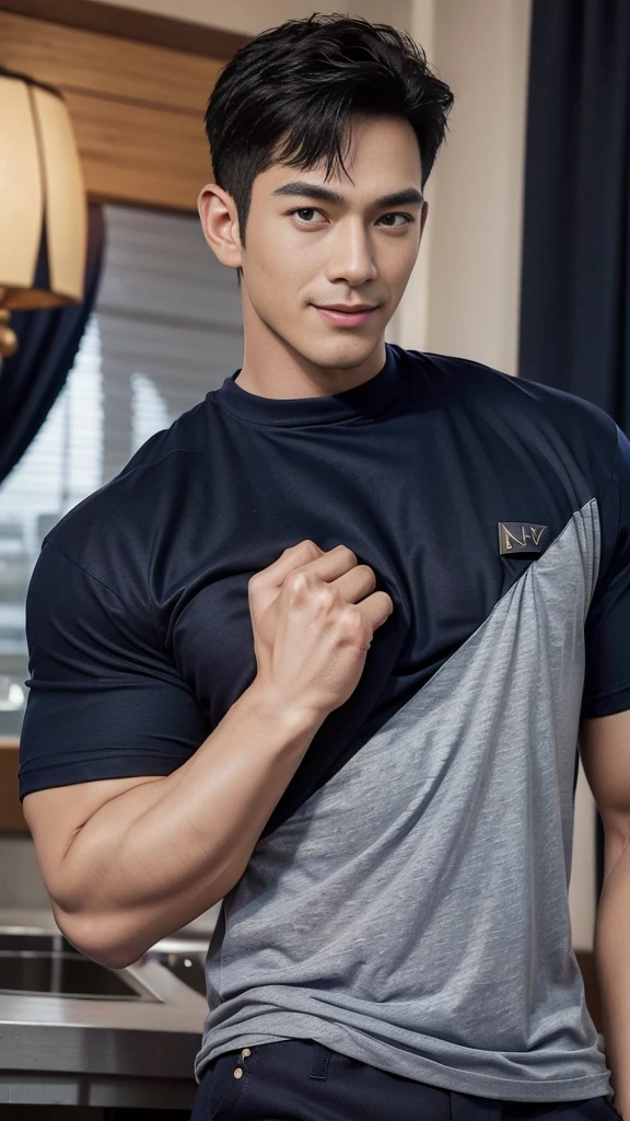 (Create a masterpiece: 1.2),(CGI art:1.3),(realistic:1.5),(After processing:1.3), (Sharp focus:1.3), 1 man, open mouth, smile, (Navy blue round neck t-shirt:1.3), Navy cargo pants, Korean guy , korean men, (High gloss details), chest muscles, large arm muscles, blood vessel, Big muscles, Broad shoulders, looking at the audience, Balancing the eyes, bedroom, Sexy pose
