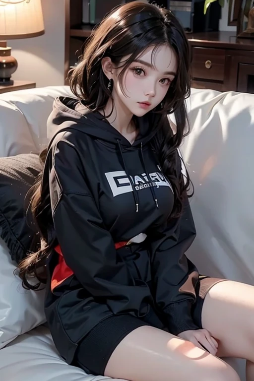 19 years old、Black Hair、Wavy Hair、Big Breasts、hoodie、Sitting cross-legged on the sofa