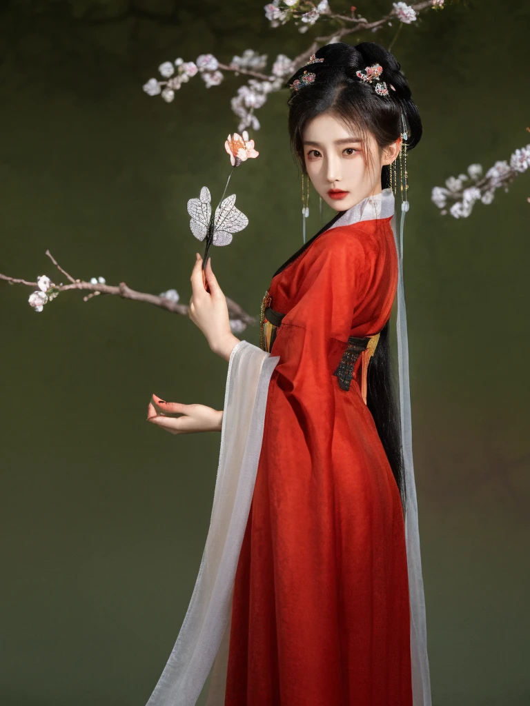 Apparition,Xingxian,Holding an apricot blossom,Green makeup jadeite,Dan face Sai rouge。The starry eye is still bright,The moth eyebrows are beautiful and aligned。The bottom line is a five-color plum light red dress,Wear a garment lighter than armor。China costume