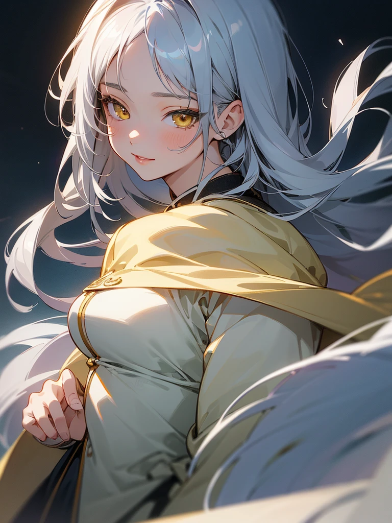 masterpiece、Highest quality、High resolution、High-quality images、8K, One 12-year-old girl、Skin Radiance、Texture of skin and clothing、Expression of fine eyes、Silver Hair,Long Hair Girl, Manga inspired by Lee Jong-suk, Trending on deviantart, Realism, detailed manga style, Manga art style, Perfect Line Drawing, Beautiful line art, digital manga art girl, dress, Beautiful yellow eyes, Fuller lips, Gorgeous face with attention to detail, (Cute Smile), charm, Innocent, Side view, (Perfectly detailed face), (Beautiful Hands) Photorealistic images, Written boundary depth, moonlight、Big Breasts