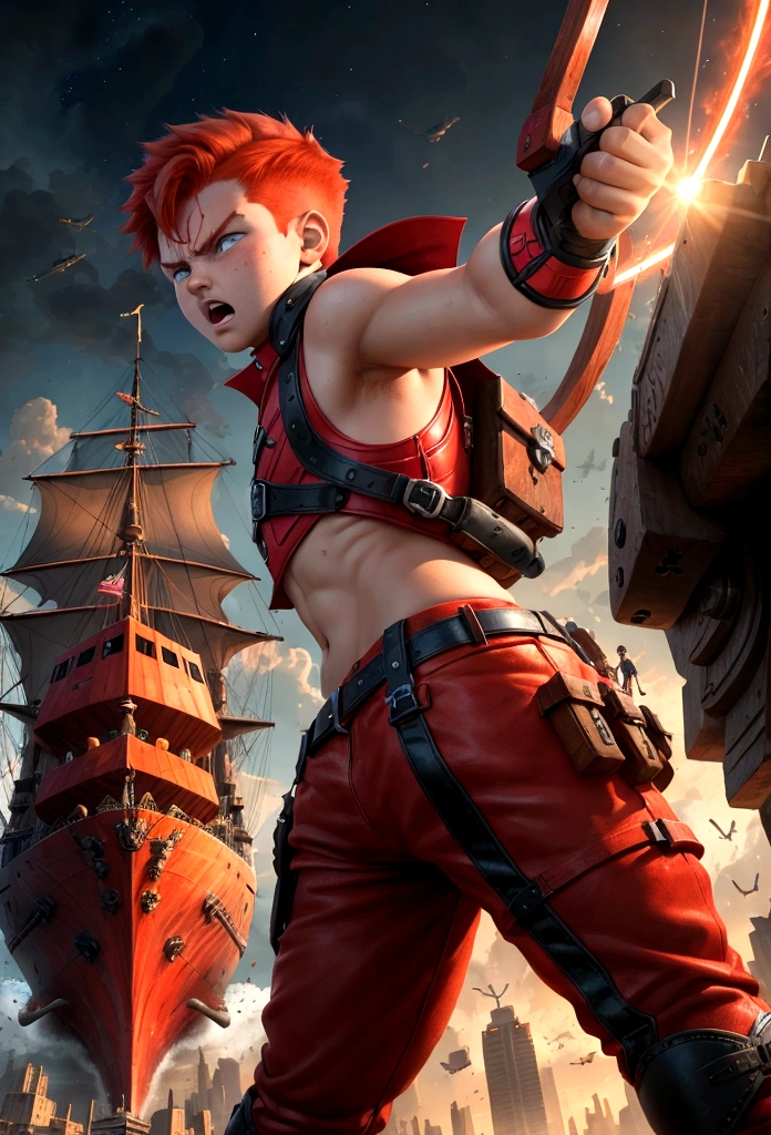 Davi (13 year old boy, red hair holding a slingshot in her hand), fighting a giant, fund ( futuristc city, lights, ships ), gigant ass (beared man, with an angry expression) realistic image style