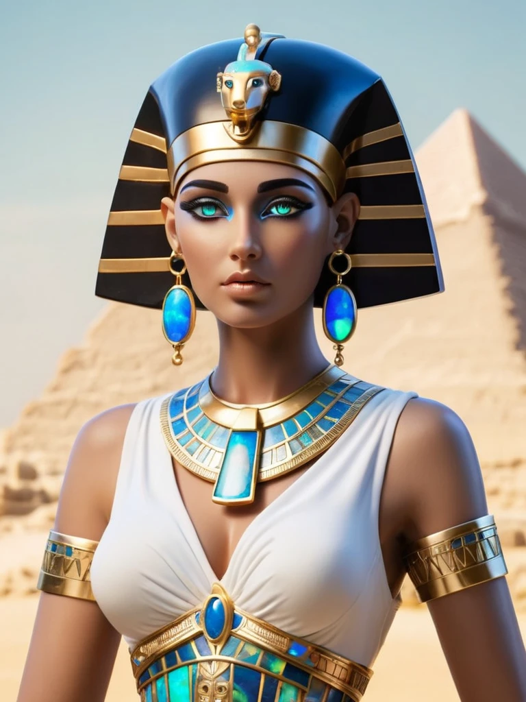 ral-opal, meahophontron, whole body, Woman robot face, bust, egypt cleopatra theme, egypt background
