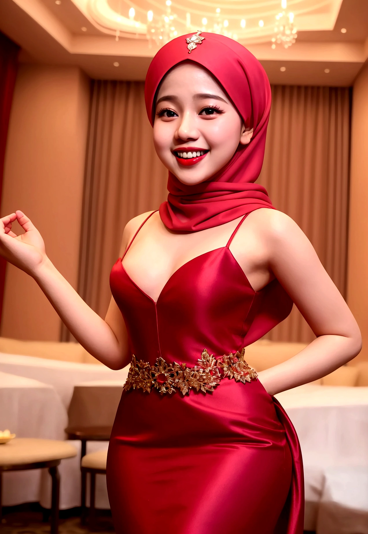 Beautiful malay girl standing and laughing, happy, nighttime dinner, hotel dinner stage ballroom, (mira filzah:1.3), red lips, wearing hijab, red color hijab, wear pink princess dress, , small breast, flat chest, wide waist, thick thighs, bright lighting, high quality, ultra detail, 8k,