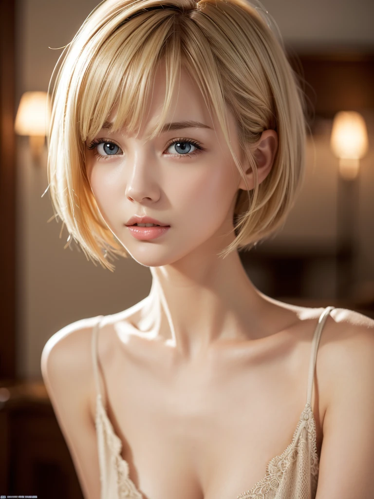 Tabletop, Highest quality, figure, Super detailed, In detail, High resolution, 8k wallpaper, Perfect dynamic composition, Beautiful attention to detail, dress, Medium Short Hair,Blonde Hair Color ,Small breasts, Natural color lip, Random sexy poses,Random Situation,Slender body,Narrow Face