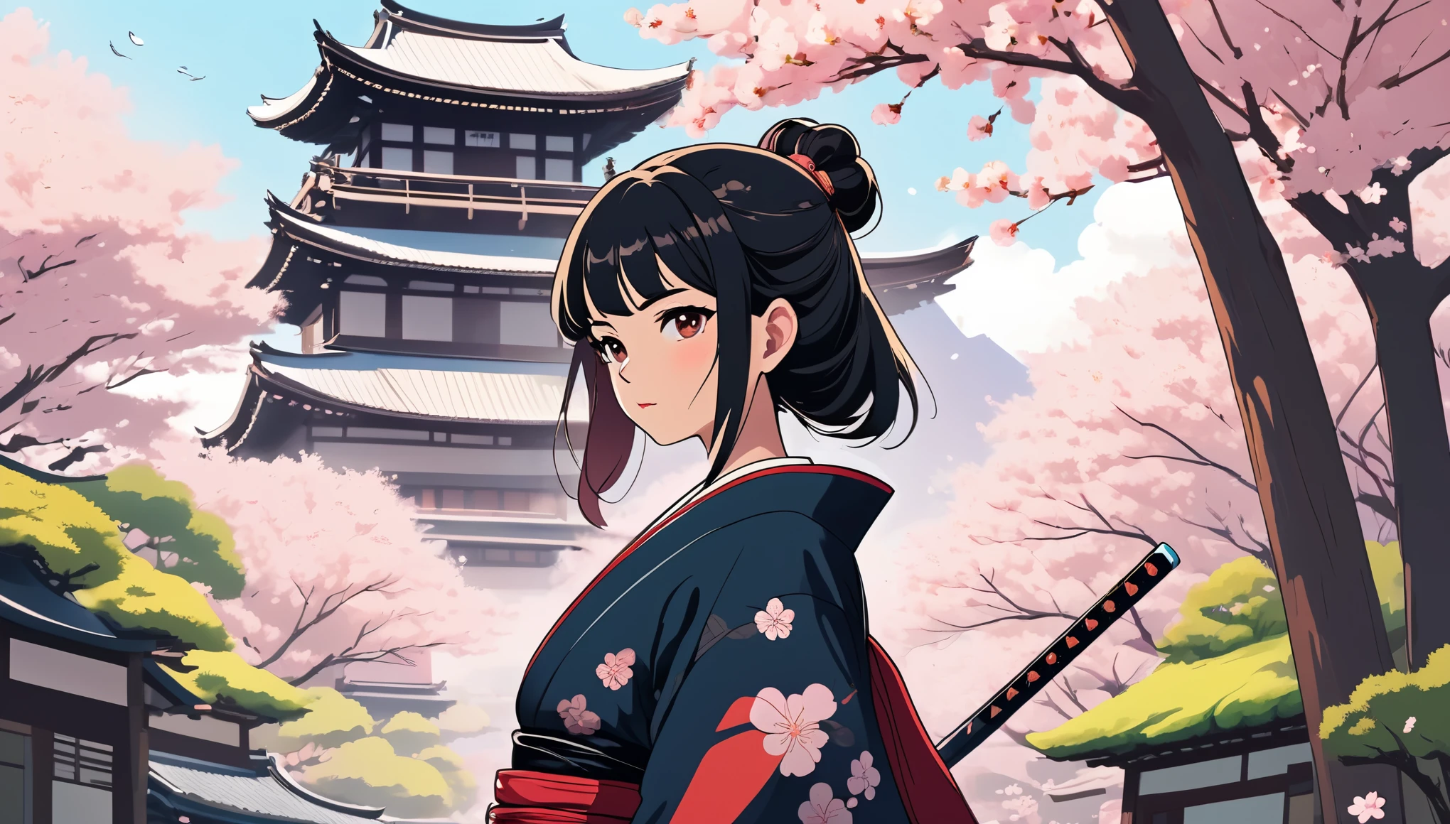 Female samurai,Background is cherry blossoms and a Japanese temple、 Wide-angle lens, Lofi Anime, Lofi illustration, Aesthetic atmosphere, Lo-Fi Style, Vector art, Flat Design, Simple shape, Warm tones, Pleasant atmosphere, Chill, In anime style, Digital drawing, Vector art, Vector logo for t-shirt printing, (Adorable:1.5), (small:1.4), (Playful:1.2), (soft:1.3), (Whimsical:1.1), masterpiece, Highest quality, 8K, Intricate details, grow, Celestial, Mysterious, Picturesque, amazing, Majestic, Magic, Fantasy art, Cover art, dream-like