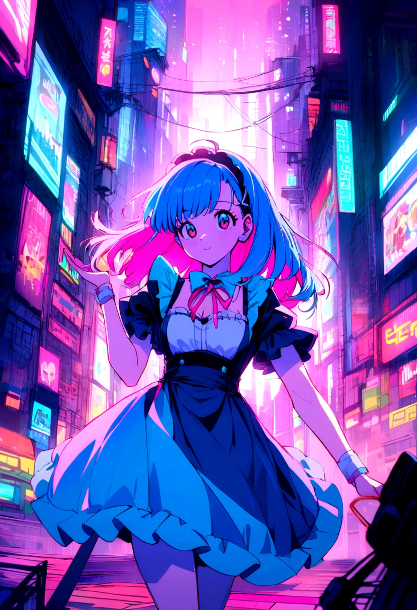 Pink and blue hair girl, soda, Inspired by 90s anime, Cyberpunk City, praise, colorful, Pink Hair, Blue Hair、Wearing maid uniform