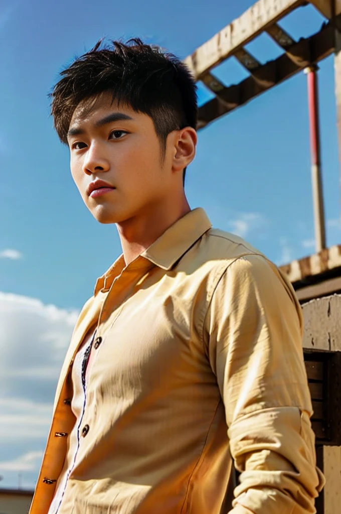 A young Asian man with a big, muscular body looks at the camera. In a yellow, red and white button-up shirt. , measure , Normal sunlight