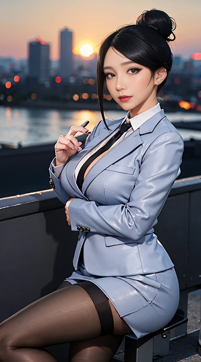 high quality, High resolution, (full shot:1.8), 4K quality, The best high quality masterpiece, business suit, (heavy makeup), Blurred city background at sunrise, bun hair, black hair, detailed face, big breast, short skirt, black stockings,