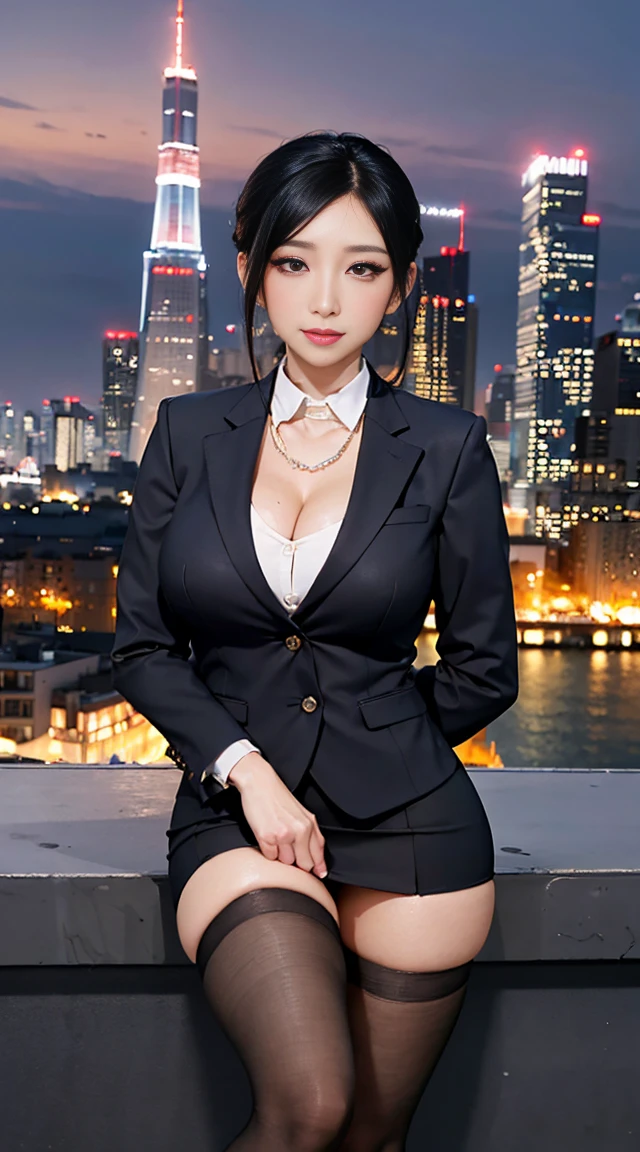 high quality, High resolution, (full shot:1.8), 4K quality, The best high quality masterpiece, business suit, (heavy makeup), Blurred city background at sunrise, bun hair, black hair, detailed face, big breast, short skirt, black stockings,