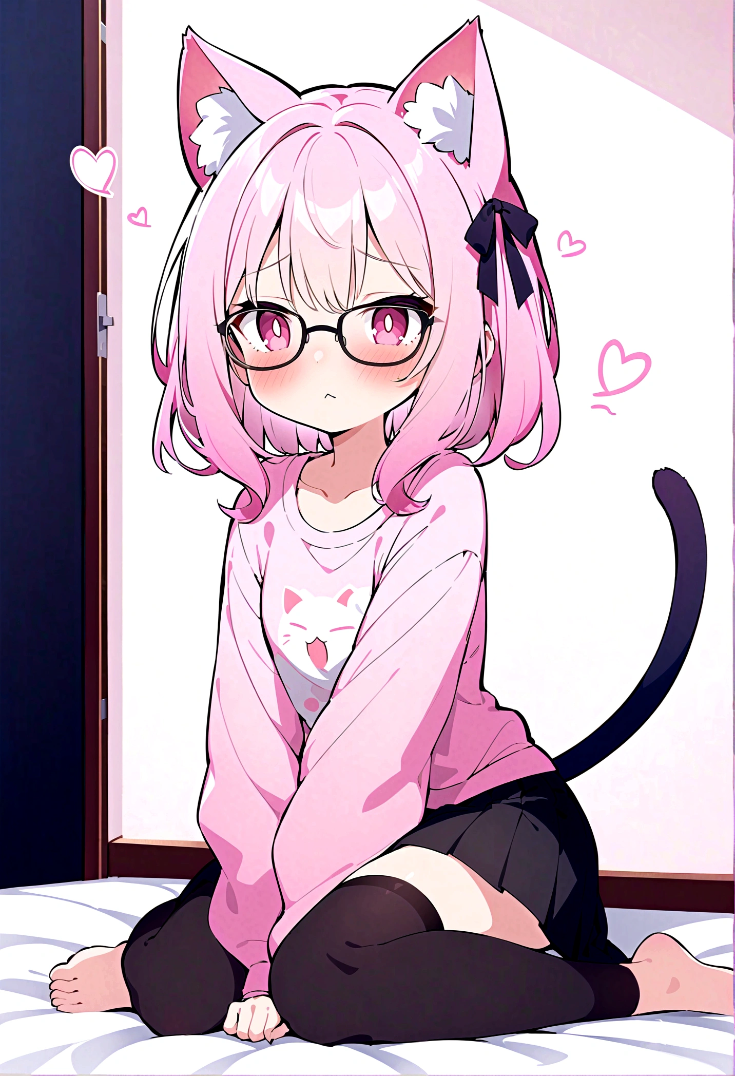 I have white pink hair, cat ears, a bow, my face is super blushing, black glasses, pink heart eyes, a big pink sweatshirt, a black skirt, black stockings, what's up, barefoot, a cat's tail, a girl Very shy