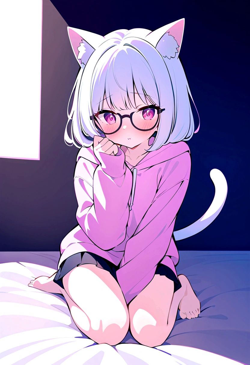 I have white pink hair, cat ears, a bow, my face is super blushing, black glasses, pink heart eyes, a big pink sweatshirt, a black skirt, black stockings, what&#39;s up, barefoot, a cat&#39;s tail, a girl Very shy