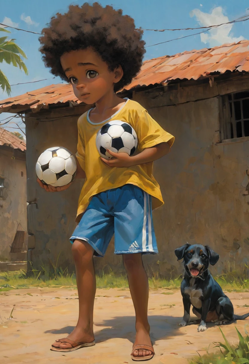 A poor Afro-Brazilian boy in a typical Brazilian house drawn by Todd McFarlane and Greg Capullo, he is wearing old and torn clothes, he is playing with a soccer ball and playing with his dog, a backyard of a typical Brazilian house in the background, dog turns into typical Brazilian caramel can, the dog tries to bite the ball, Robert Downey Jr Reference.., engine unreal, octane rendering, por Jacob Lawrence e Francis picabia, perfect composition, beautiful detailed intricate insanely detailed octane rendering trending on artstation, 8k art photography, photorrealistic concept art, soft natural volumetric cinematic perfect light, Bright dark, rewarded photography, artwork, oil on canvas, rafael, caravaggio, Greg Rutkowski, beetle, Beksinski, giger, beautiful perfect face with perfect face, with two large central incisors and visible gums, the detail, highy detailed, photo realist