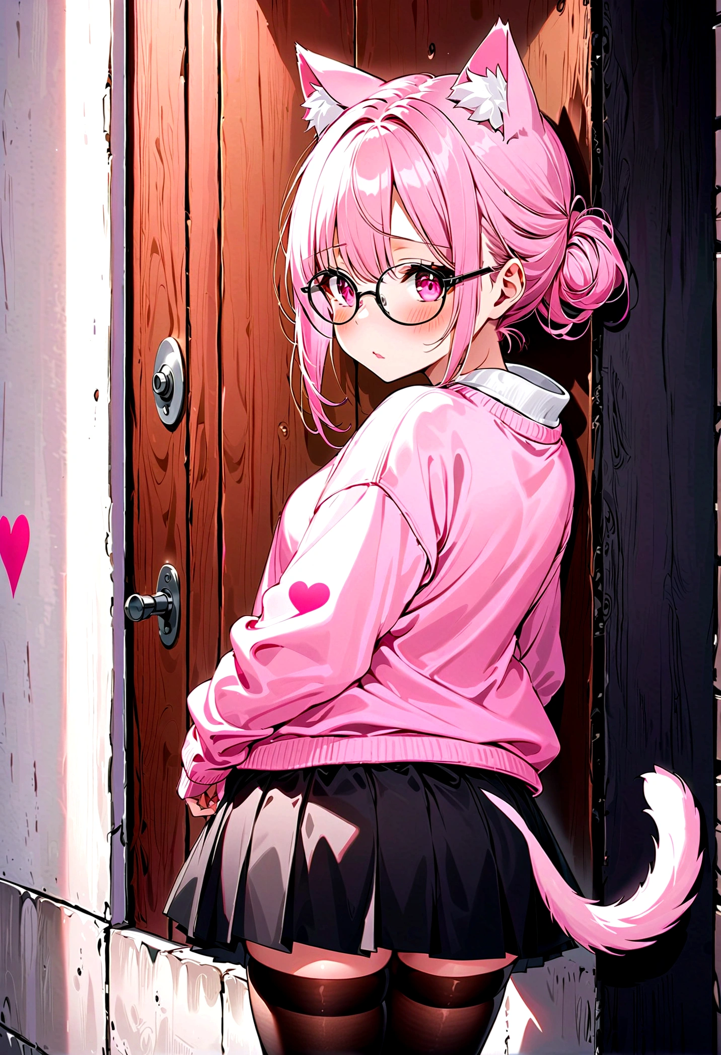 I have white pink hair, cat ears, a bun, my face is super blushing, black glasses, pink heart eyes, a big pink sweatshirt, a black skirt, black stockings, white shoes, a cat&#39;s tail, a girl. very shy that she is glued to a wall with her butt