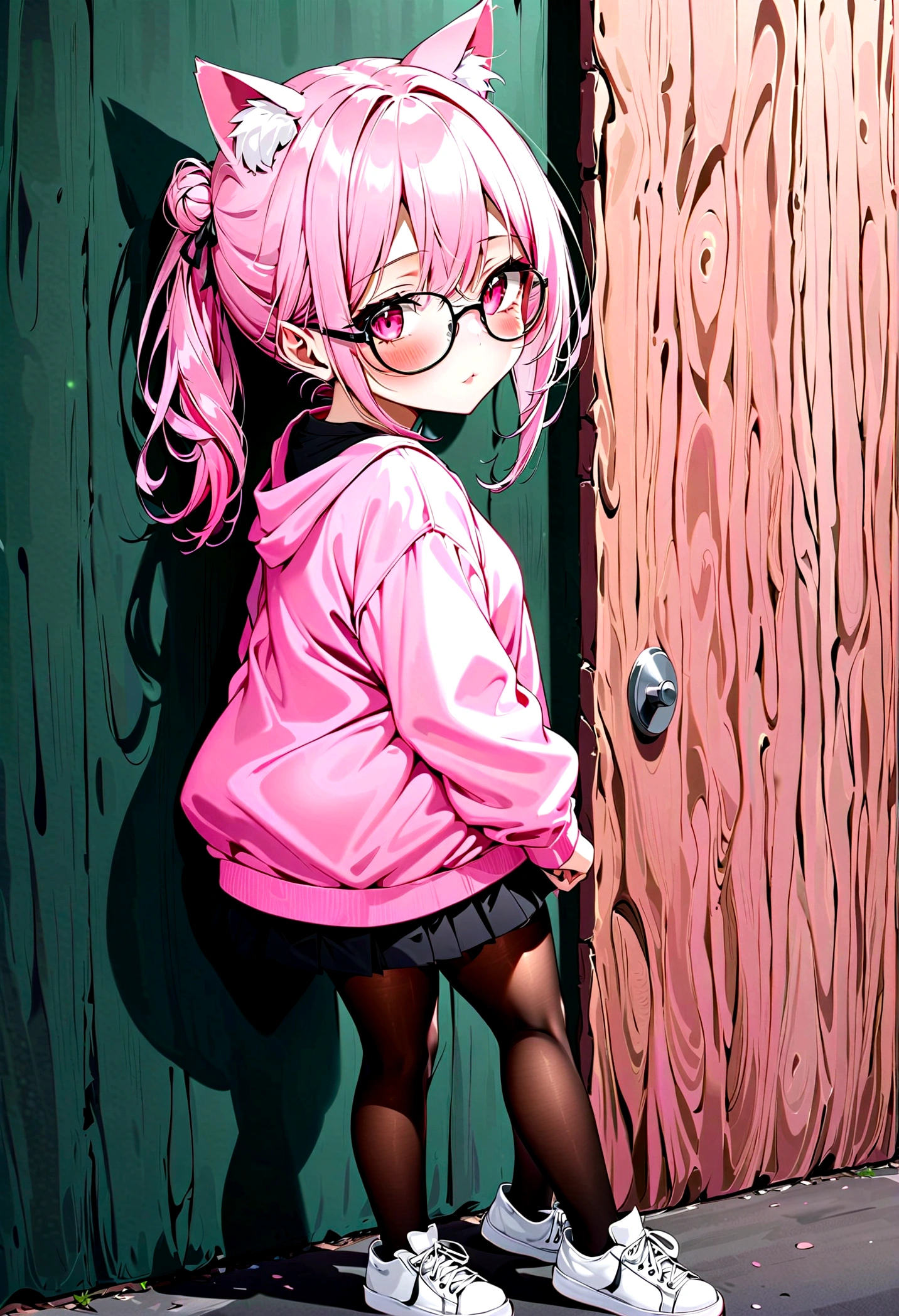 I have white pink hair, cat ears, a bun, my face is super blushing, black glasses, pink heart eyes, a big pink sweatshirt, a black skirt, black stockings, white shoes, a cat&#39;s tail, a girl. very shy that she is glued to a wall with her butt