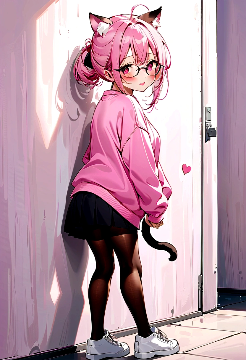 I have white pink hair, cat ears, a bun, my face is super blushing, black glasses, pink heart eyes, a big pink sweatshirt, a black skirt, black stockings, white shoes, a cat's tail, a girl. very shy that she is glued to a wall with her butt