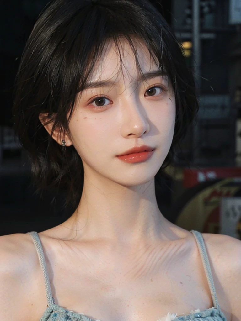 (Skin details:1.4), (smooth skin textures:1.3), （Upper body：1.4），（Upper Body：1.3）Lipstick, background, earrings, serene, calm, Suspenders，(Realistic and detailed eyes：1.2）, Natural skin texture, Realistic facial details, Soft dramatic lighting, Vivid details, 35 mm film, outdoor, (Photo Practical:1.4), (hyper Practical:1.4), (Practical:1.3), (Smoother lighting:1.05), (Improve lighting quality:0.9), (Highest quality real skin textures:1.4), Exquisite eyes, Delicate face, Close-up of face, (Enhance the beauty of skin texture:1.1), Hair details,（Large Breasts：1.3）normal body ratio, short hair, Moles under the eyes, A faint smile,Portrait Photography, Depth of Field, Bokeh, Surrealism, Ray Tracing, (Portrait Photography:1.1), Surrealism, High Detail, Chiaroscuro, Ray Tracing, reflected light, Ultra HD, Ultra HD, masterpiece, Textured Skin, Super Detail, High Detail, high quality, best quality
