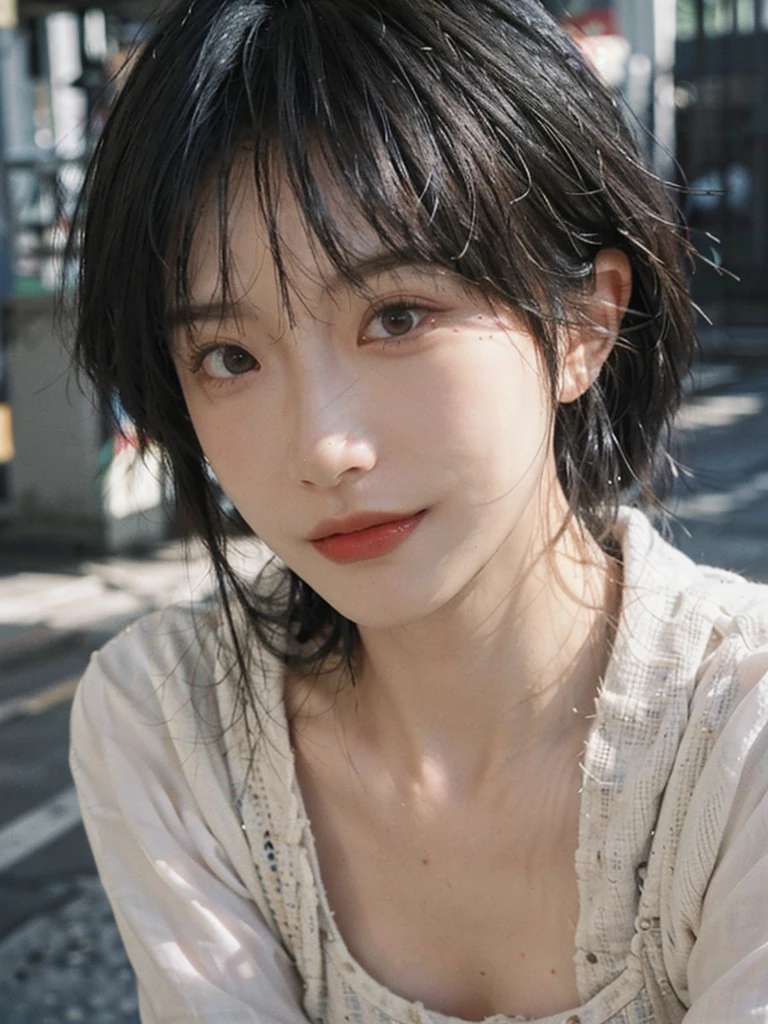 (Skin details:1.4), (smooth skin textures:1.3), (Upper body:1.4),(Upper Body:1.3)Lipstick, background, earrings, serene, calm, Suspenders,(Realistic and detailed eyes:1.2), Natural skin texture, Realistic facial details, Soft dramatic lighting, Vivid details, 35 mm film, outdoor, (Photo Practical:1.4), (hyper Practical:1.4), (Practical:1.3), (Smoother lighting:1.05), (Improve lighting quality:0.9), (Highest quality real skin textures:1.4), Exquisite eyes, Delicate face, Close-up of face, (Enhance the beauty of skin texture:1.1), Hair details,(Large Breasts:1.3)normal body ratio, short hair, Moles under the eyes, A faint smile,Portrait Photography, Depth of Field, Bokeh, Surrealism, Ray Tracing, (Portrait Photography:1.1), Surrealism, High Detail, Chiaroscuro, Ray Tracing, reflected light, Ultra HD, Ultra HD, masterpiece, Textured Skin, Super Detail, High Detail, high quality, best quality