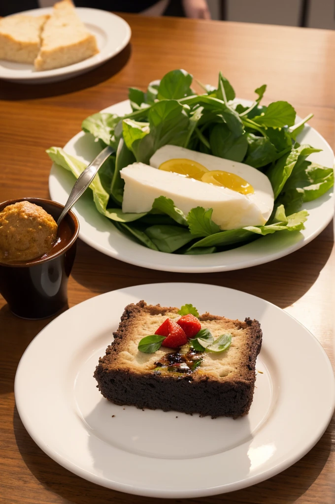 Artistic atmosphere,Art Photography,A plate on the table,There is a small piece of food on the plate,HD Photography,Background blur,Artistic sense,Depth of Field,Ultra-clear,Close Range。