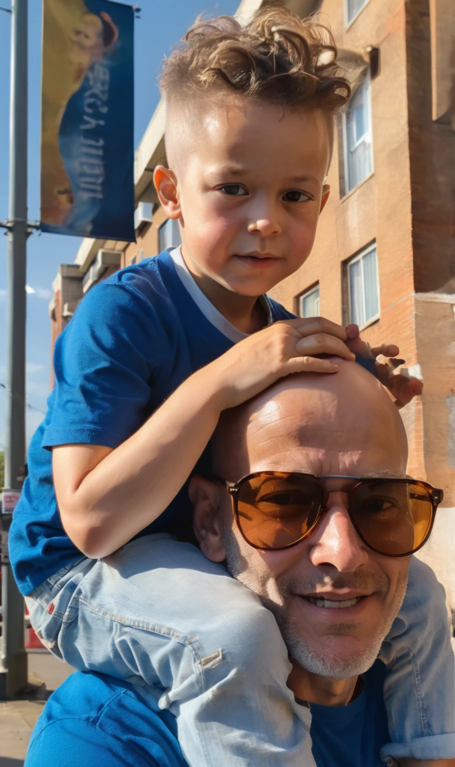 8 year old boy , blue shirt white stripes , blue jeans , blond hair and an old man with sunglasses , blue shirt