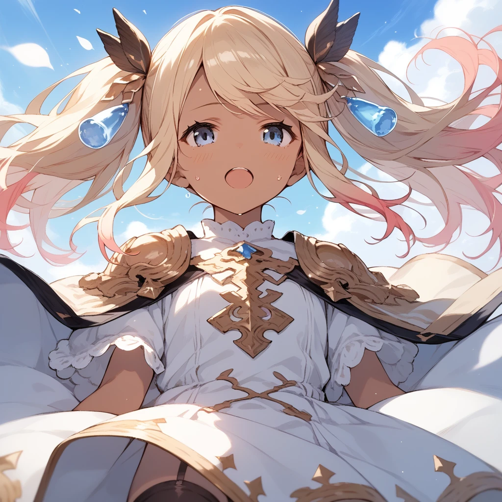 score_9, score_8_up, score_7_up, source_anime, best quality, masterpiece, official art, absurdres, highres, ultra-detailed,waifu2x,Collection: Slice of Life,break,1girl, io \(granblue fantasy\), (dark-skinned female), blonde hair, swept bangs, blue eyes,gradient hair, hair ornament, long hair, flat chest, thighhighs, twintails, sweat, open mouth, sleepily,  outdoors, wind,break,(clear line illustration:1.2), super detailed skin,very high resolution, very aesthetic, Best sexual lighting powered by famous artist, 8k,cute picture,beauty illustration,photoshop_(medium),,(Detailed Lighting),best anime 8k konachan wallpaper, pixiv contest winner, 