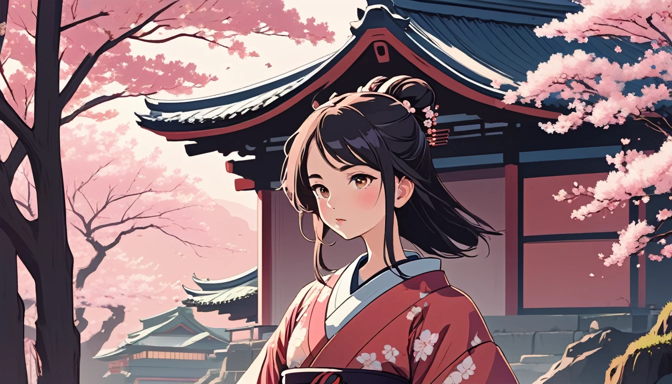 Female samurai,Background is cherry blossoms and a Japanese temple、 Wide-angle lens, Lofi Anime, Lofi illustration, Aesthetic atmosphere, Lo-Fi Style, Vector art, Flat Design, Simple shape, Warm tones, Pleasant atmosphere, Chill, In anime style, Digital drawing, Vector art, Vector logo for t-shirt printing, (Adorable:1.5), (small:1.4), (Playful:1.2), (soft:1.3), (Whimsical:1.1), masterpiece, Highest quality, 8K, Intricate details, grow, Celestial, Mysterious, Picturesque, amazing, Majestic, Magic, Fantasy art, Cover art, dream-like