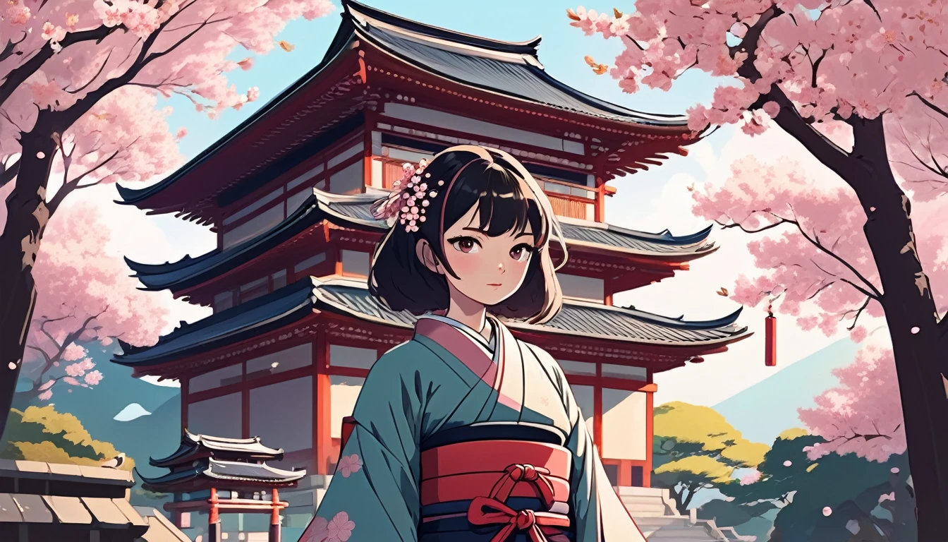 Female samurai,Background is cherry blossoms and a Japanese temple、 Wide-angle lens, Lofi Anime, Lofi illustration, Aesthetic atmosphere, Lo-Fi Style, Vector art, Flat Design, Simple shape, Warm tones, Pleasant atmosphere, Chill, In anime style, Digital drawing, Vector art, Vector logo for t-shirt printing, (Adorable:1.5), (small:1.4), (Playful:1.2), (soft:1.3), (Whimsical:1.1), masterpiece, Highest quality, 8K, Intricate details, grow, Celestial, Mysterious, Picturesque, amazing, Majestic, Magic, Fantasy art, Cover art, dream-like