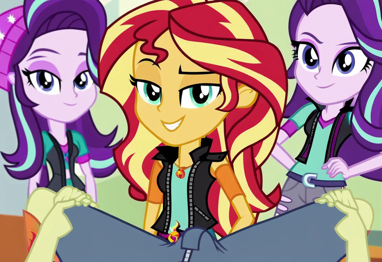 explicit, score_9, equestria_girls, cartoon, sunset_shimmer, starlight_glimmer, duo male, two girls and male pov, female, male, male pov, bulge_in_male_briefs, offscreen character, pov, straight, undressing, zipper, unzipping, open_fly, belt, show accurate, vector