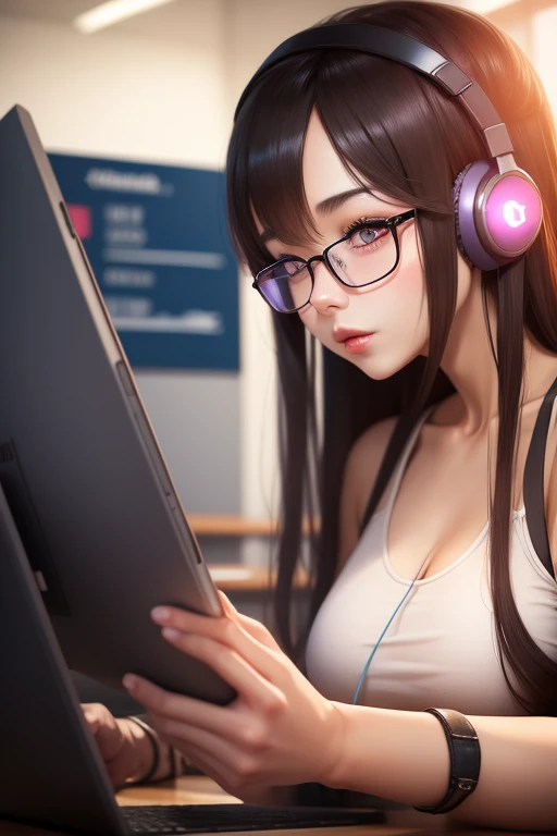 in a coworking space、freelance designer working on a tablet。
surreal woman,real life anime girls,beautiful girls　i'm wearing hea...