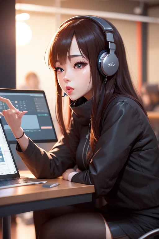 In a coworking space、Freelance designer working on a tablet。
surreal woman,Real life anime girls,Beautiful girls　I'm wearing headphones